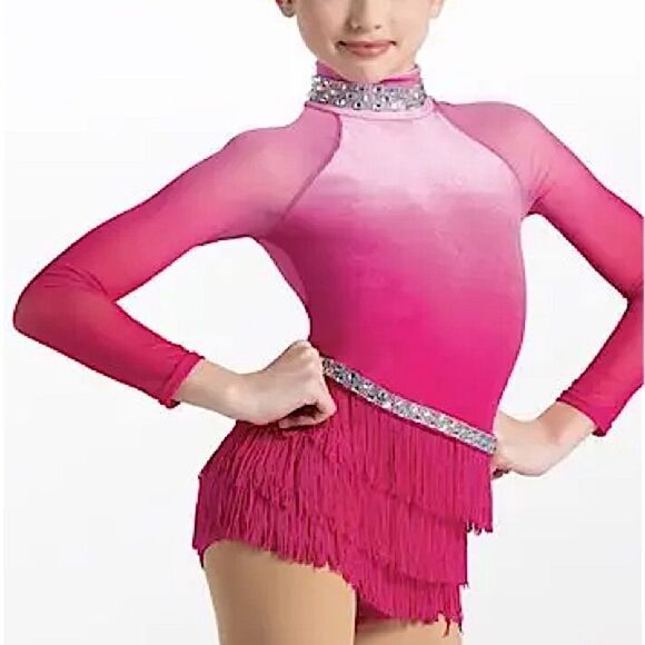 WEISSMAN Dance Costume hot pink fringe velvet mesh sleeve All The Ways 13290 SA - Picture 1 of 12